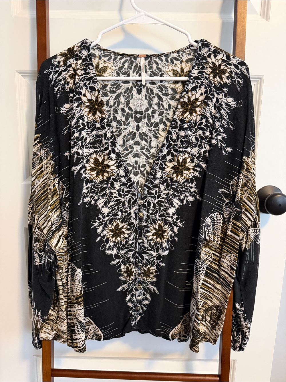 Free People Black Floral V-Neck Boho Blouse with Cream & Gold Accents
